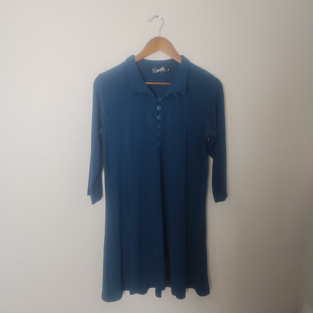 Sympli Tunic Top Womens 12 Teal Button Front 3/4 Sleeve Matte Jersey Minimal